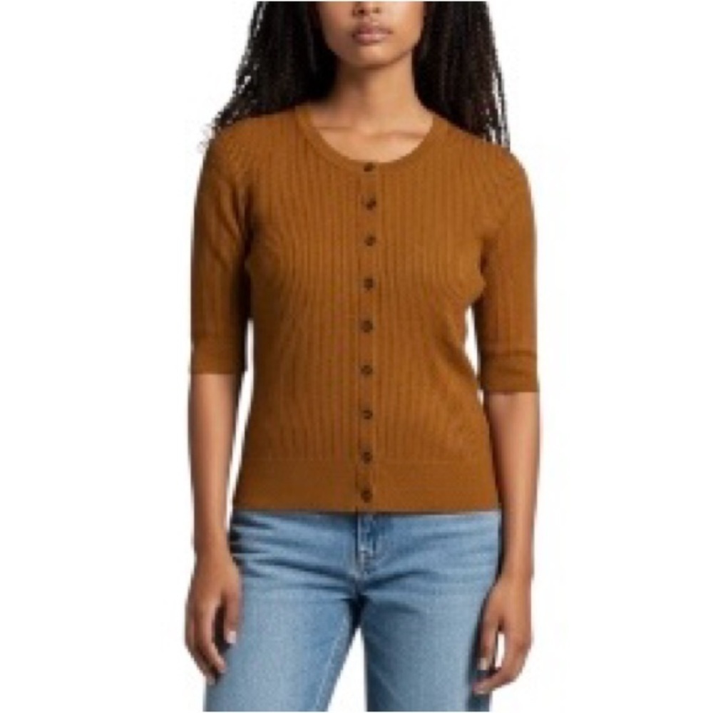 Madewell Women’s Cozy Cotton Ribbed Knit Short Sleeve Sweater Top NWT M Caramel
